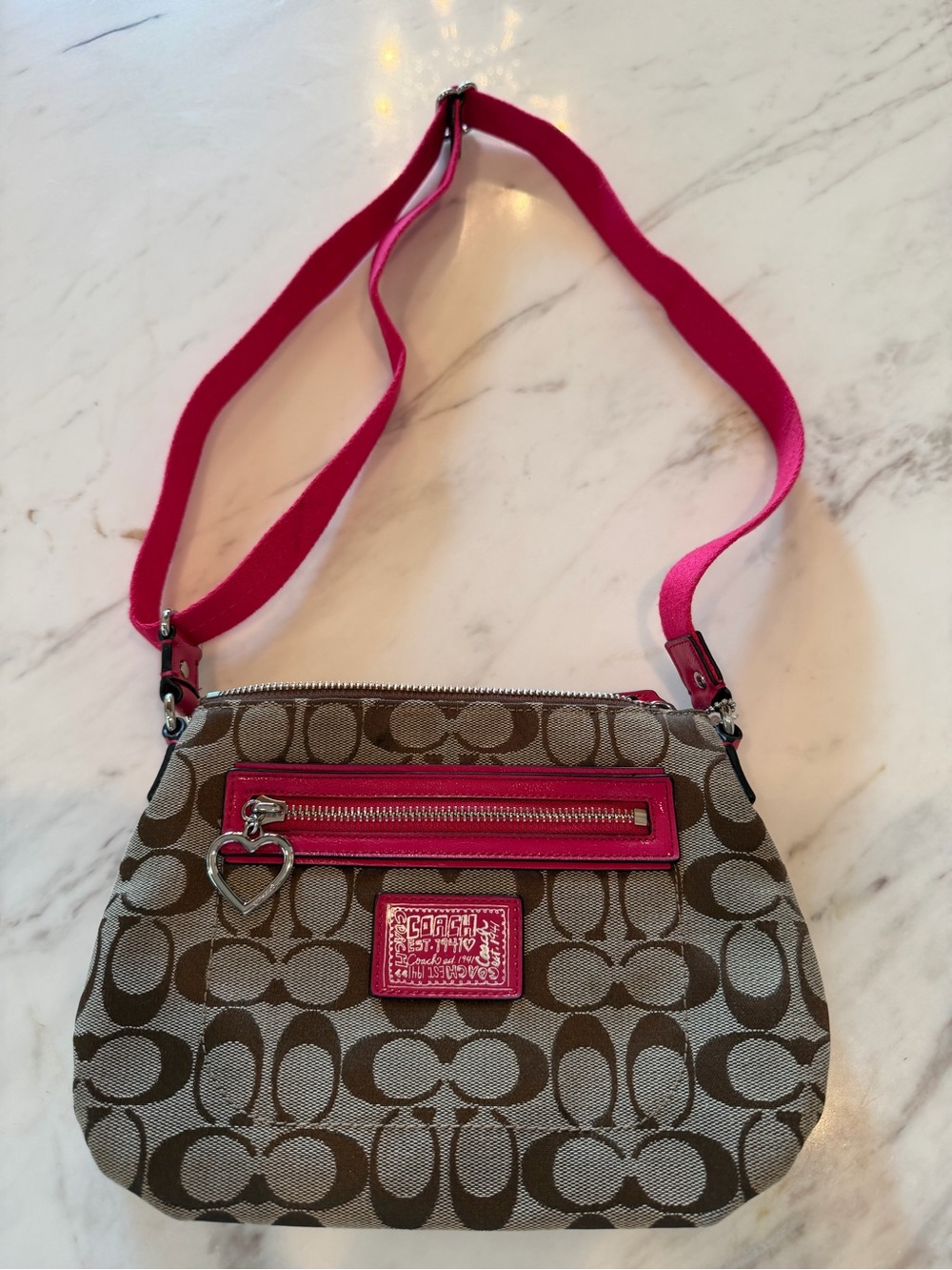 Coach Brown Signature Crossbody with Pink Trim and Strap